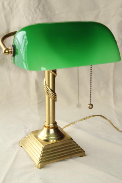 photo of vintage solid brass desk light, banker's lamp w/ emerald green cased glass shade #1