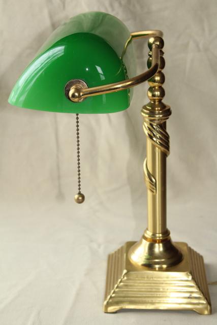 photo of vintage solid brass desk light, banker's lamp w/ emerald green cased glass shade #2