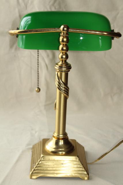 photo of vintage solid brass desk light, banker's lamp w/ emerald green cased glass shade #4