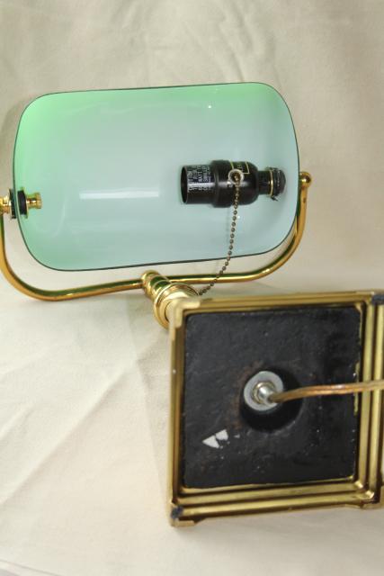 photo of vintage solid brass desk light, banker's lamp w/ emerald green cased glass shade #6