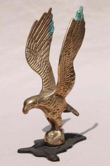 photo of vintage solid brass flying eagle, finial or flagpole hardware made into desk paperweight #1