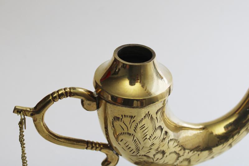 photo of vintage solid brass genie lamp, oil lamp w/ wick burner, glass chimney #5