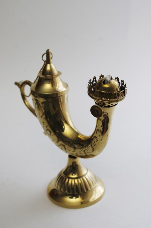 photo of vintage solid brass genie lamp, oil lamp w/ wick burner, glass chimney #7