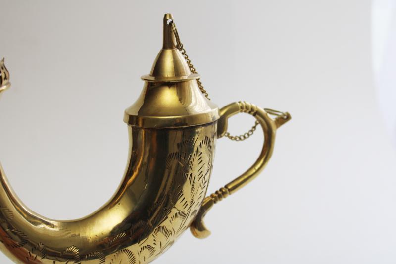 photo of vintage solid brass genie lamp, oil lamp w/ wick burner, glass chimney #8