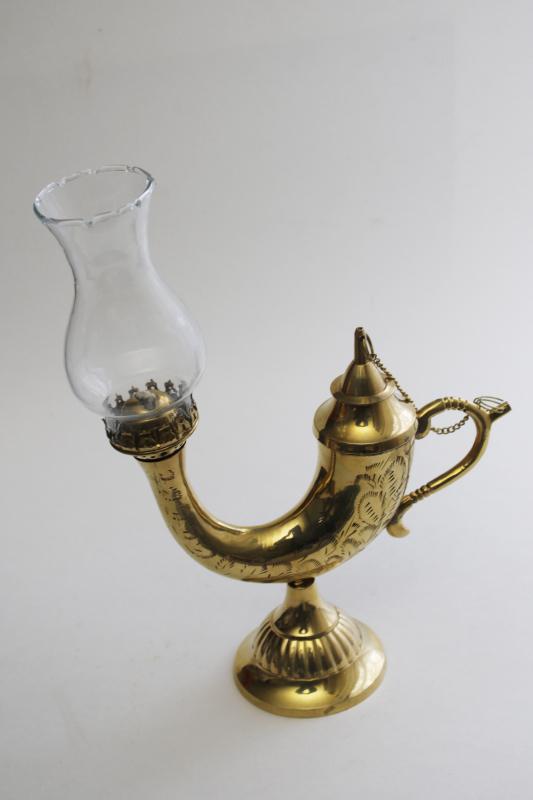 photo of vintage solid brass genie lamp, oil lamp w/ wick burner, glass chimney #9