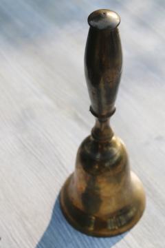 catalog photo of vintage solid brass hand bell, big brass school bell or dinner bell