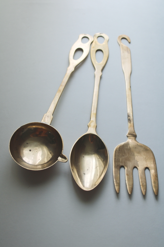 photo of vintage solid brass kitchen utensils, large spoon, fork, ladle w/ hanging hooks for wall rack or pot hanger  #2