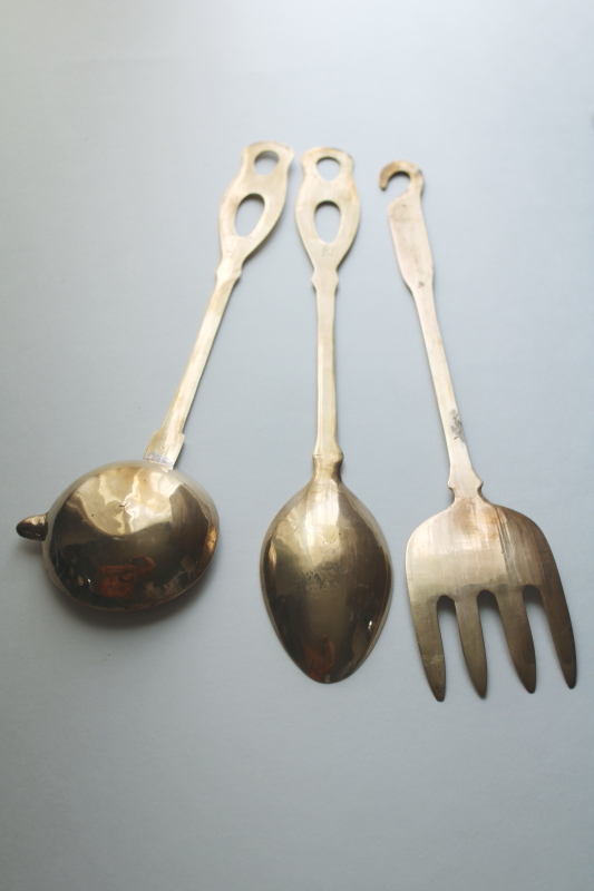 photo of vintage solid brass kitchen utensils, large spoon, fork, ladle w/ hanging hooks for wall rack or pot hanger  #4