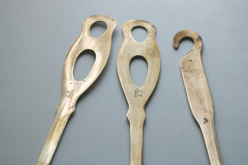 photo of vintage solid brass kitchen utensils, large spoon, fork, ladle w/ hanging hooks for wall rack or pot hanger  #5