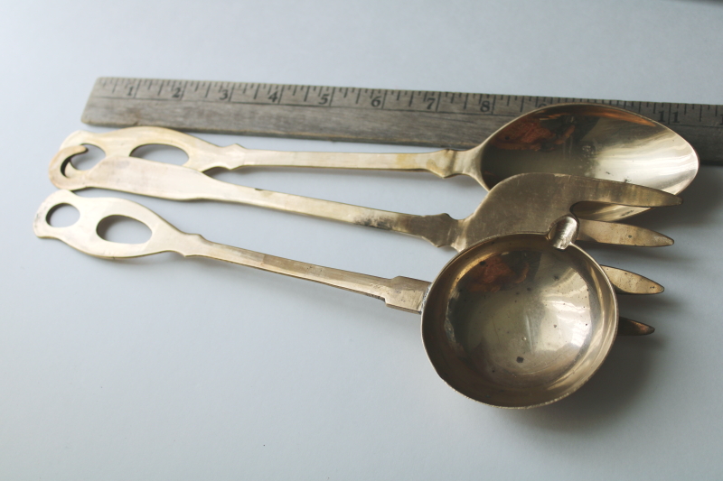 photo of vintage solid brass kitchen utensils, large spoon, fork, ladle w/ hanging hooks for wall rack or pot hanger  #6