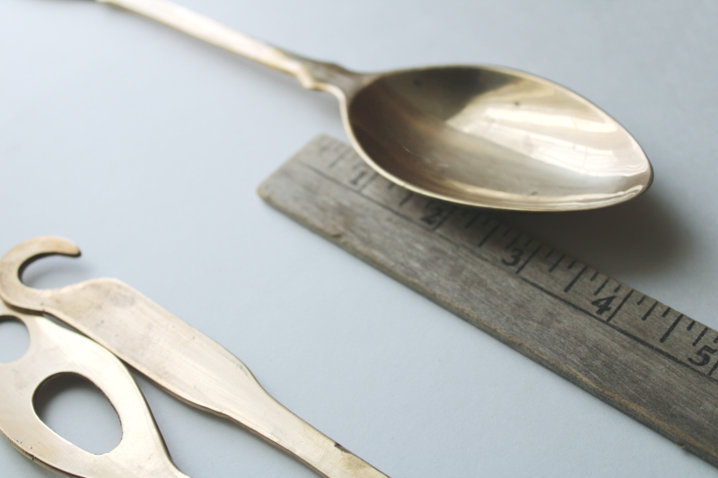 photo of vintage solid brass kitchen utensils, large spoon, fork, ladle w/ hanging hooks for wall rack or pot hanger  #7
