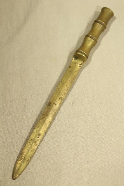 photo of vintage solid brass paper knife letter opener, faux bois bamboo handle #1