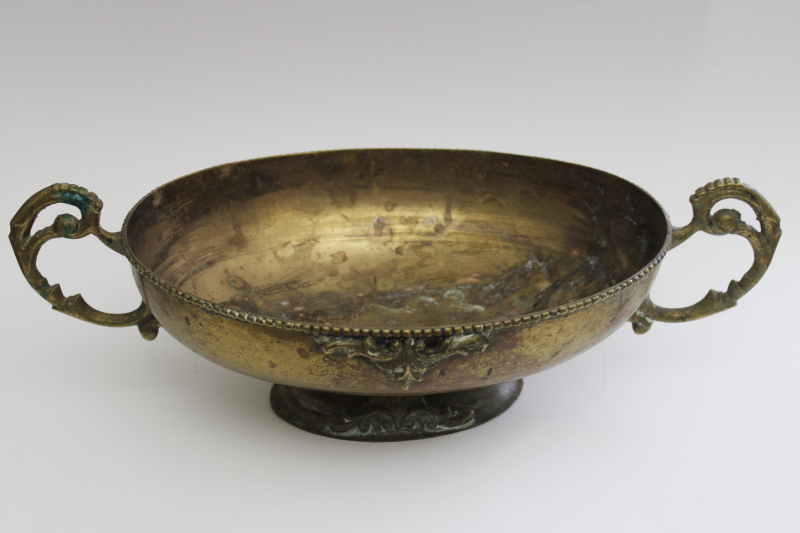 photo of vintage solid brass planter, large oval bowl w/ handles, worn patina w/ verdigris & tarnish #1