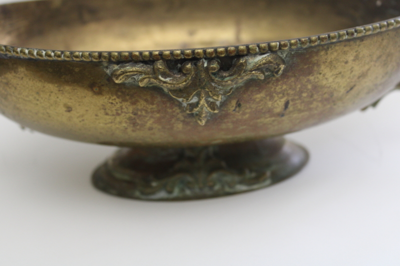 photo of vintage solid brass planter, large oval bowl w/ handles, worn patina w/ verdigris & tarnish #2