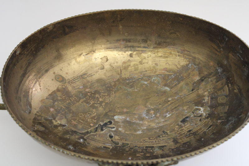 photo of vintage solid brass planter, large oval bowl w/ handles, worn patina w/ verdigris & tarnish #3