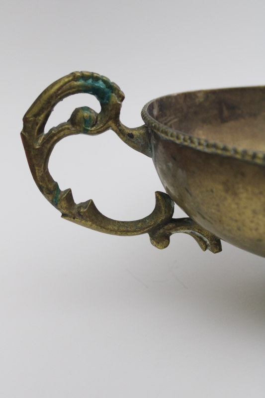 photo of vintage solid brass planter, large oval bowl w/ handles, worn patina w/ verdigris & tarnish #4