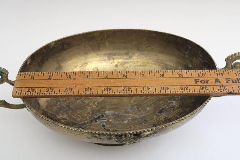 photo of vintage solid brass planter, large oval bowl w/ handles, worn patina w/ verdigris & tarnish #5