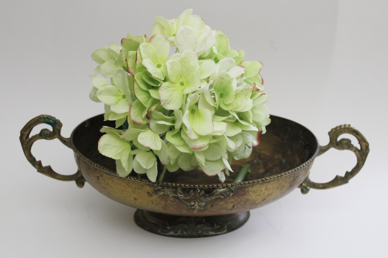 photo of vintage solid brass planter, large oval bowl w/ handles, worn patina w/ verdigris & tarnish #6