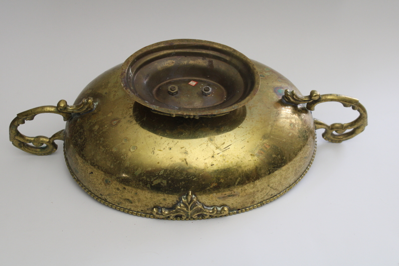 photo of vintage solid brass planter, large oval bowl w/ handles, worn patina w/ verdigris & tarnish #7