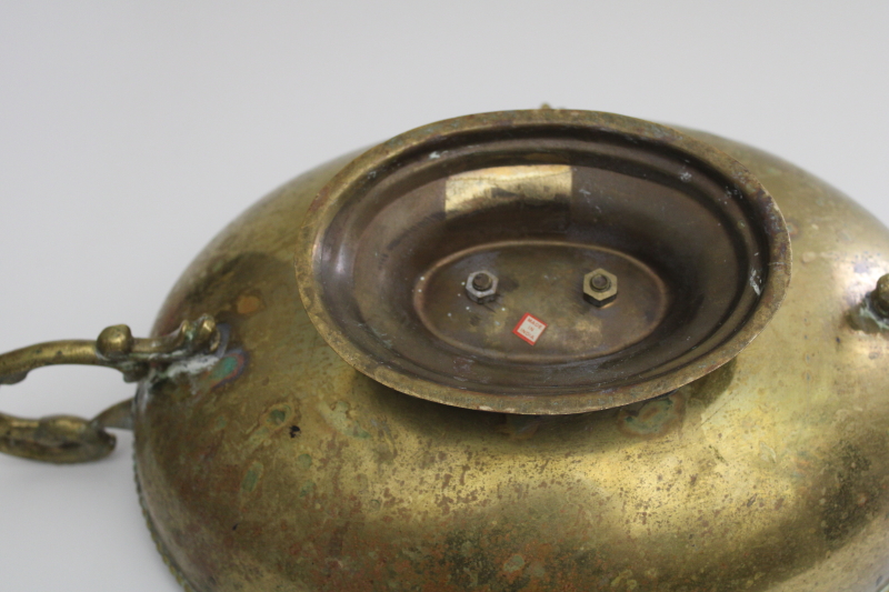 photo of vintage solid brass planter, large oval bowl w/ handles, worn patina w/ verdigris & tarnish #8