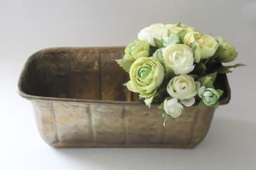 catalog photo of vintage solid brass planter, long box for windowsill garden herbs, faux flowers or greenery 