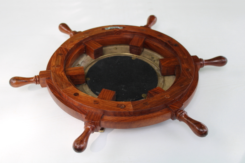 photo of vintage solid brass porthole frame mirror w/ wood ship's wheel, coastal nautical style wall decor  #2