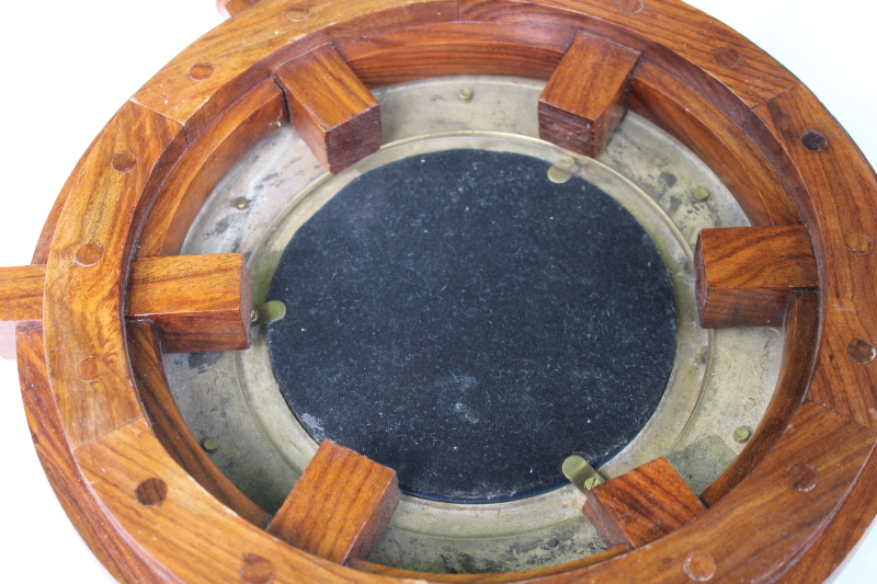 photo of vintage solid brass porthole frame mirror w/ wood ship's wheel, coastal nautical style wall decor  #3