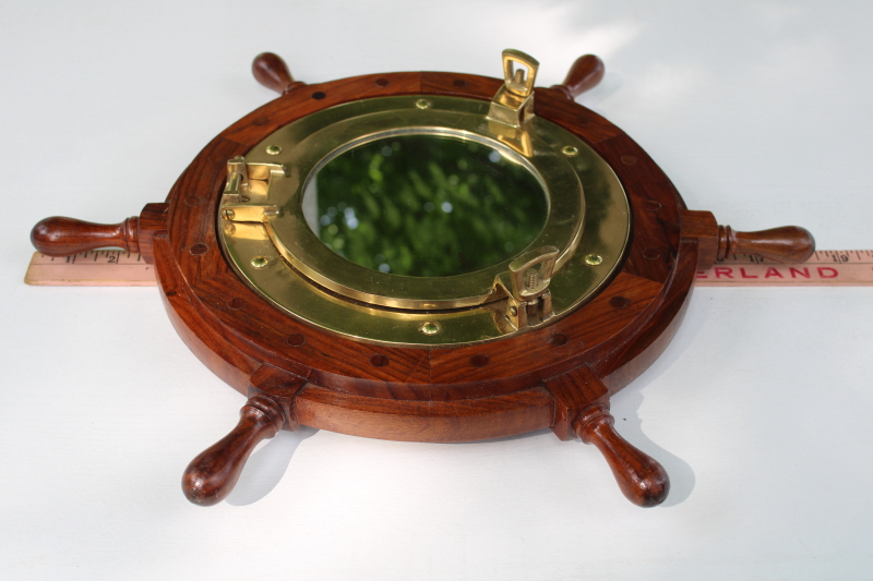 photo of vintage solid brass porthole frame mirror w/ wood ship's wheel, coastal nautical style wall decor  #4