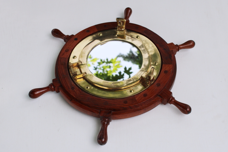 photo of vintage solid brass porthole frame mirror w/ wood ship's wheel, coastal nautical style wall decor  #5