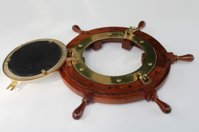 photo of vintage solid brass porthole frame mirror w/ wood ship's wheel, coastal nautical style wall decor  #6