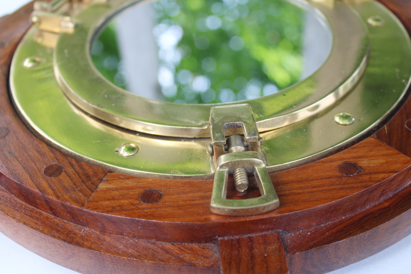 photo of vintage solid brass porthole frame mirror w/ wood ship's wheel, coastal nautical style wall decor  #8