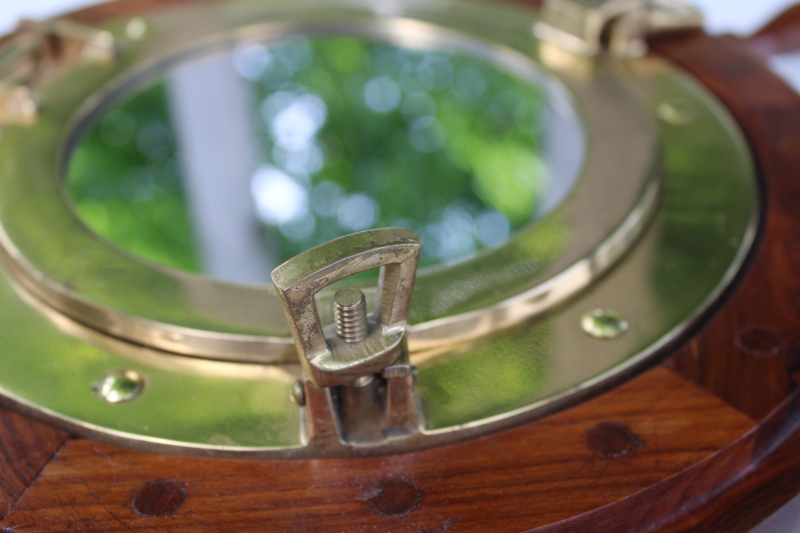 photo of vintage solid brass porthole frame mirror w/ wood ship's wheel, coastal nautical style wall decor  #9
