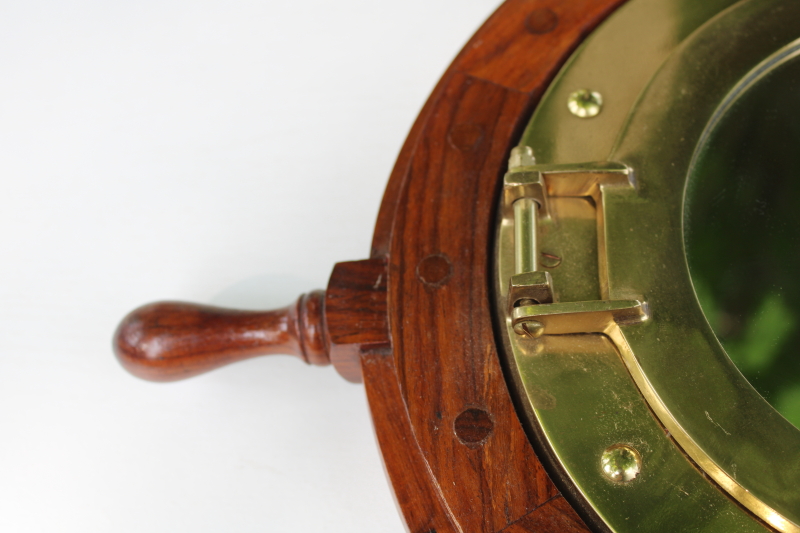 photo of vintage solid brass porthole frame mirror w/ wood ship's wheel, coastal nautical style wall decor  #10