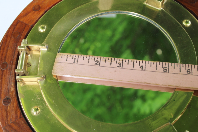 photo of vintage solid brass porthole frame mirror w/ wood ship's wheel, coastal nautical style wall decor  #11