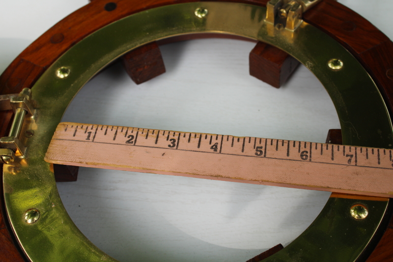 photo of vintage solid brass porthole frame mirror w/ wood ship's wheel, coastal nautical style wall decor  #12
