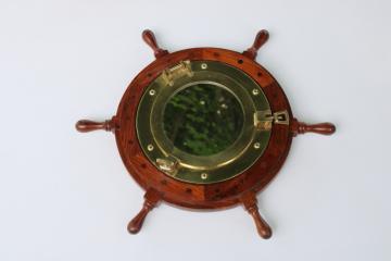 vintage solid brass porthole frame mirror w/ wood ship's wheel, coastal nautical style wall decor 