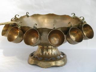 photo of vintage solid brass punch set, pedestal bowl, cups and ladle #1