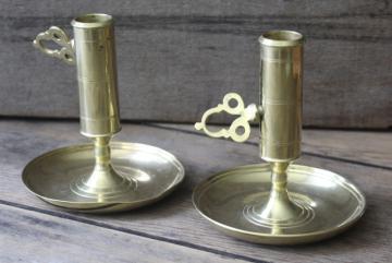 catalog photo of vintage solid brass push up candlesticks, pair of adjustable candle holders for taper candles