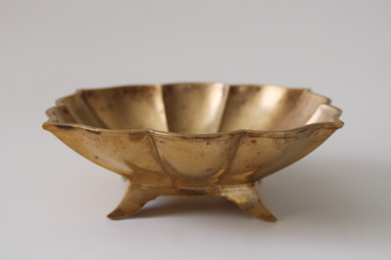 photo of vintage solid brass soap dish or ring holder trinket tray, fancy scalloped edge footed shape  #1