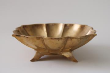 catalog photo of vintage solid brass soap dish or ring holder trinket tray, fancy scalloped edge footed shape 