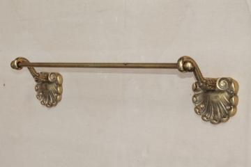 catalog photo of vintage solid brass towel bar w/ scrollwork brackets & ball finials, powder room or bath