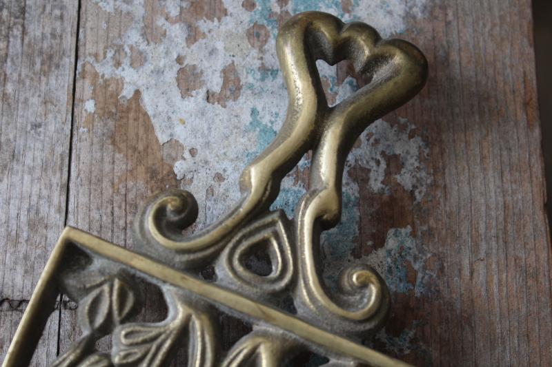photo of vintage solid brass trivet, hot iron sadiron stand, heart handle trivet wall hanging #2