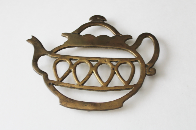 photo of vintage solid brass trivet tea pot kettle shape for table or kitchen wall hanging #1