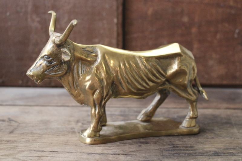 photo of vintage solid brass trophy cattle longhorn bull figurine western style large heavy paperweight #1