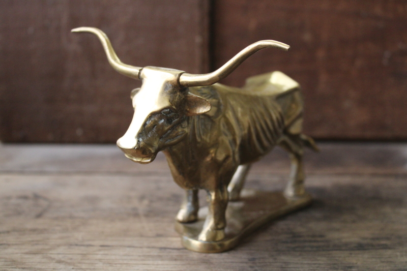 photo of vintage solid brass trophy cattle longhorn bull figurine western style large heavy paperweight #2