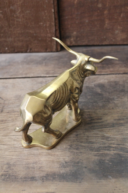 photo of vintage solid brass trophy cattle longhorn bull figurine western style large heavy paperweight #3