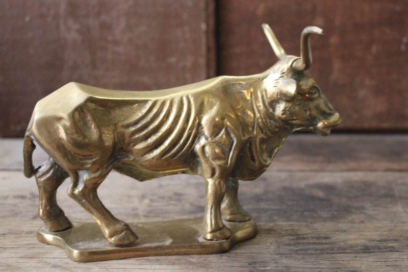 photo of vintage solid brass trophy cattle longhorn bull figurine western style large heavy paperweight #4