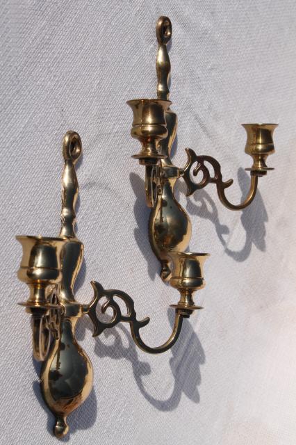 photo of vintage solid brass wall sconces, candle sconce pair made in England #5