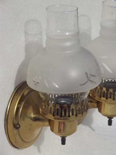 photo of vintage solid brass wall sconces, pair of parlor lamps w/ glass chimney shades #2