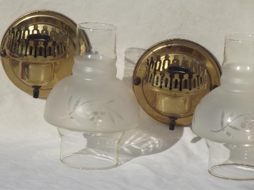 photo of vintage solid brass wall sconces, pair of parlor lamps w/ glass chimney shades #4